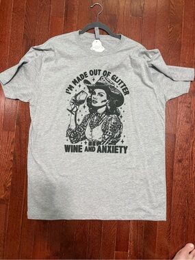 Women's Gray Graphic Tee - 'I'm Made Out of Glitter wine and anxiety”